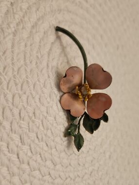 Robert Delicate Pink Enamel Floral Brooch with Green Leaves